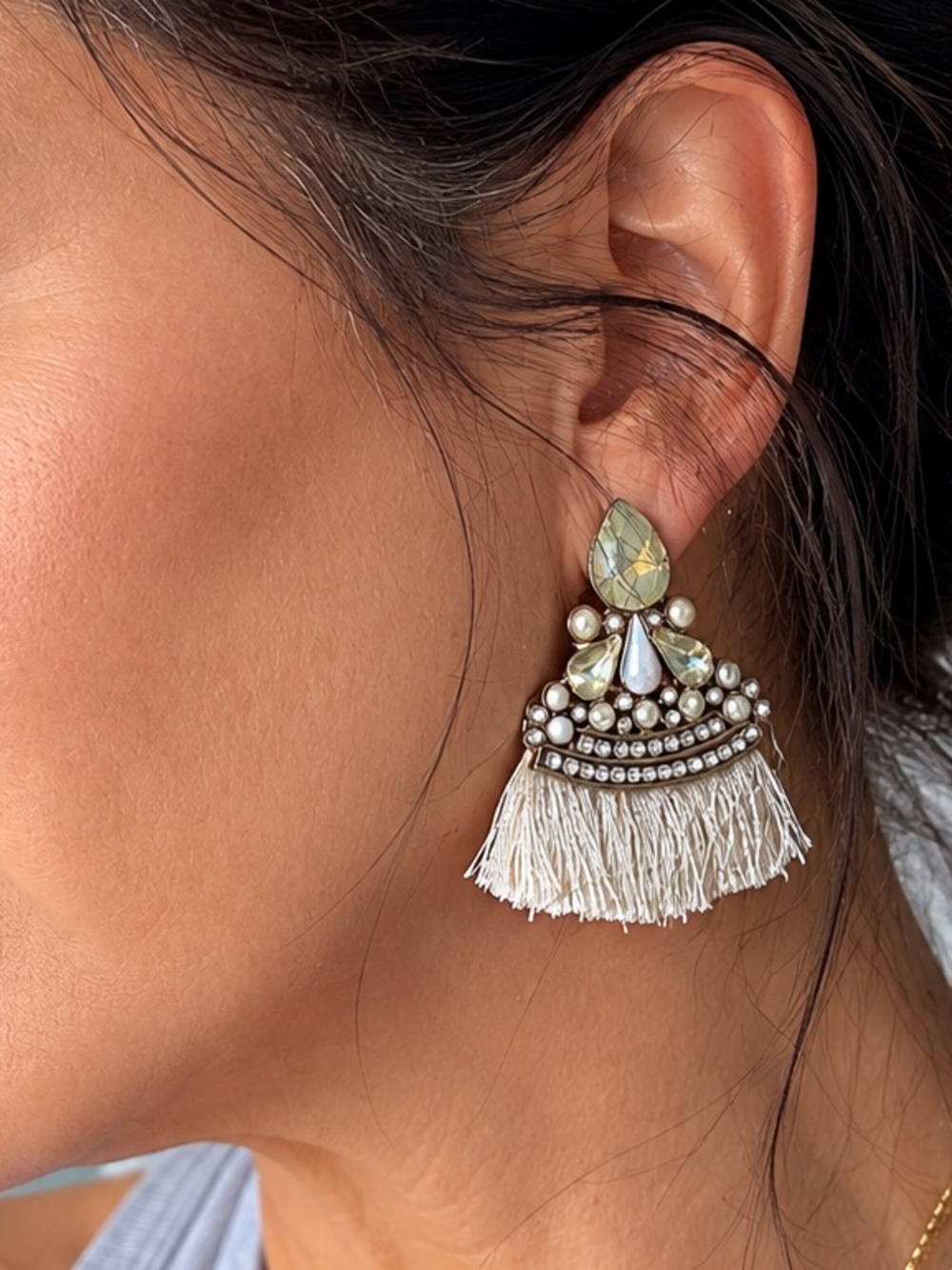 Aldo Pale Green and Ivory Tassel Drop Earrings